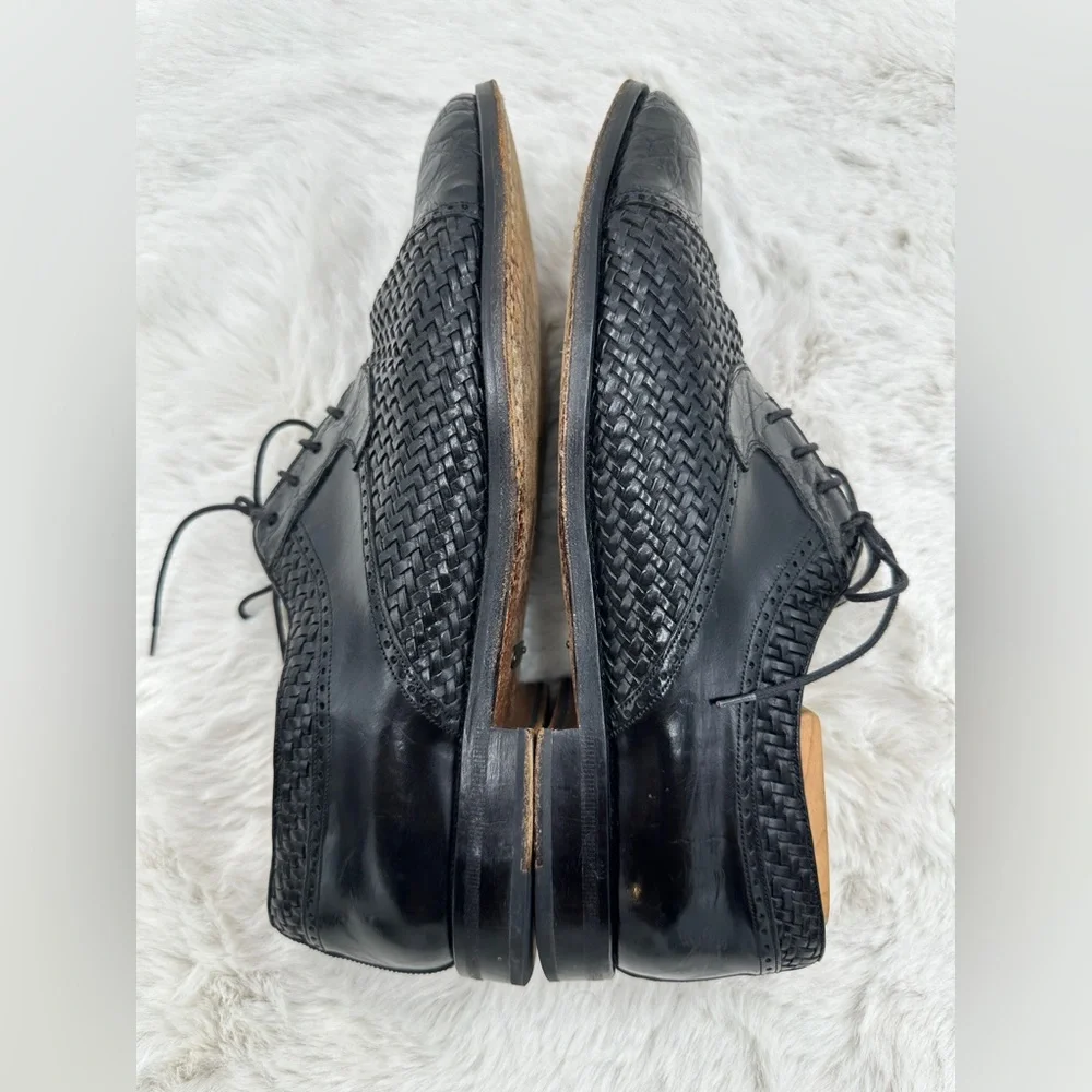Mezlan Black Acapulco‎ Genuine Crocodile Cap Toe Woven Leather Oxford shoes 10.5